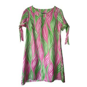 Lilly Pulitzer Pink Green Silk Abstract Leaf Print Tie Sleeve Shift Dress 10